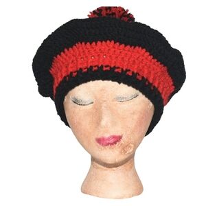 Chic Knit Pom-Pom Black and Red Beret
